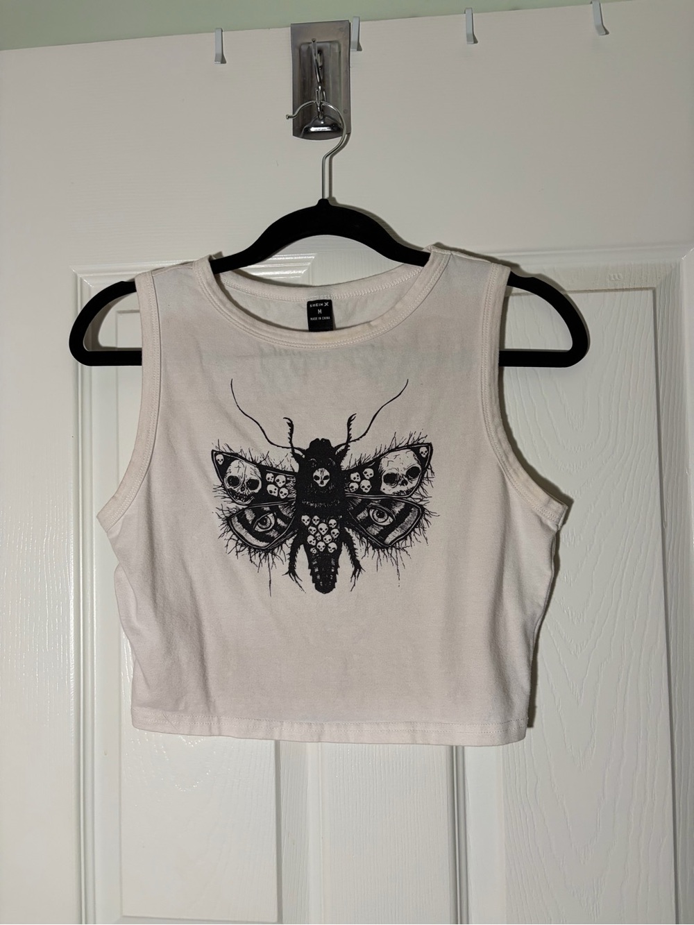 SHEIN White Cropped Tank with Black Gothic Moth Graphic